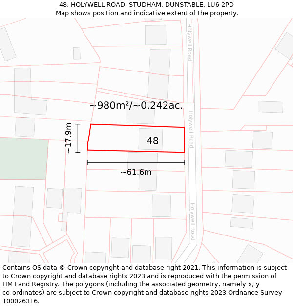 48, HOLYWELL ROAD, STUDHAM, DUNSTABLE, LU6 2PD: Plot and title map