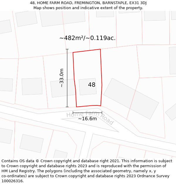 48, HOME FARM ROAD, FREMINGTON, BARNSTAPLE, EX31 3DJ: Plot and title map