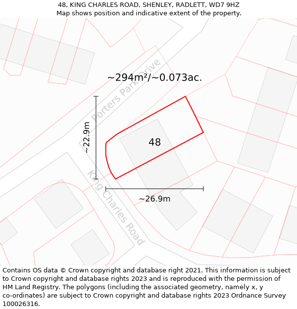 48, KING CHARLES ROAD, SHENLEY, RADLETT, WD7 9HZ: Plot and title map
