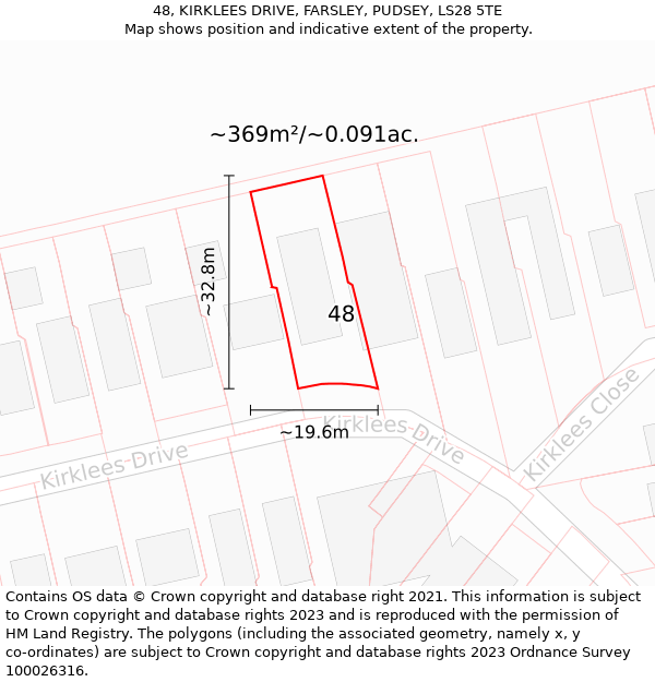 48, KIRKLEES DRIVE, FARSLEY, PUDSEY, LS28 5TE: Plot and title map