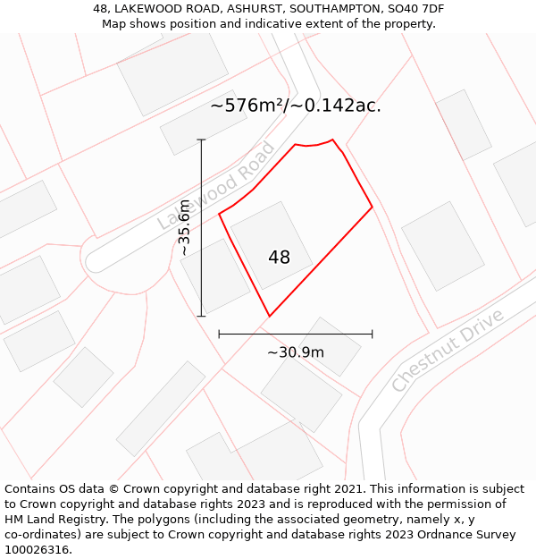 48, LAKEWOOD ROAD, ASHURST, SOUTHAMPTON, SO40 7DF: Plot and title map