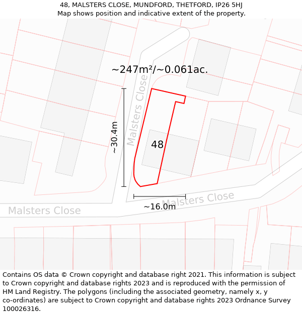 48, MALSTERS CLOSE, MUNDFORD, THETFORD, IP26 5HJ: Plot and title map