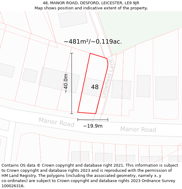 48, MANOR ROAD, DESFORD, LEICESTER, LE9 9JR: Plot and title map