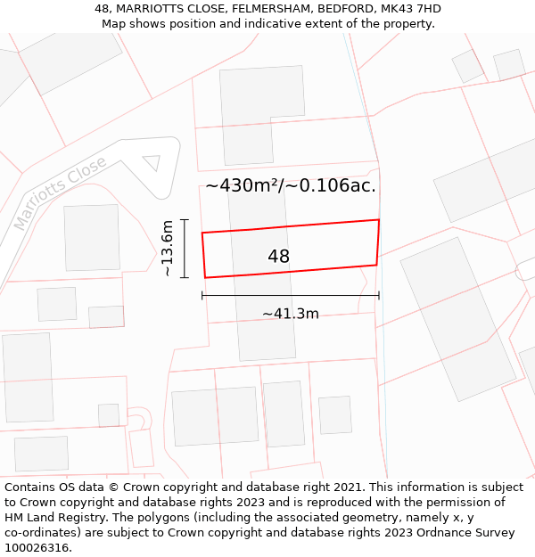48, MARRIOTTS CLOSE, FELMERSHAM, BEDFORD, MK43 7HD: Plot and title map