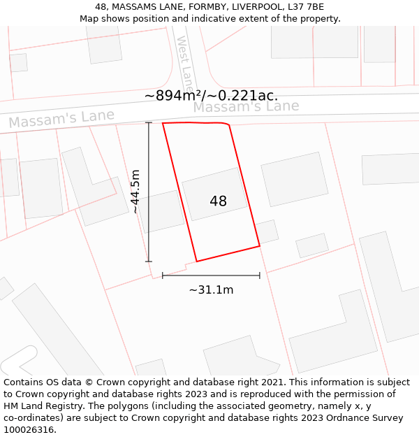 48, MASSAMS LANE, FORMBY, LIVERPOOL, L37 7BE: Plot and title map