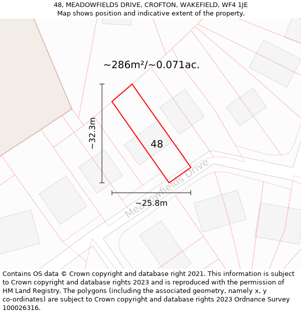 48, MEADOWFIELDS DRIVE, CROFTON, WAKEFIELD, WF4 1JE: Plot and title map