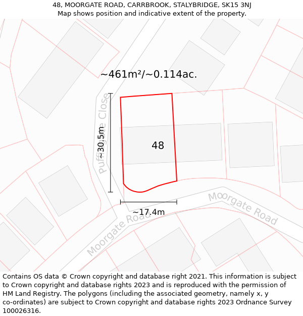 48, MOORGATE ROAD, CARRBROOK, STALYBRIDGE, SK15 3NJ: Plot and title map