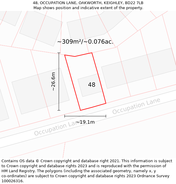 48, OCCUPATION LANE, OAKWORTH, KEIGHLEY, BD22 7LB: Plot and title map