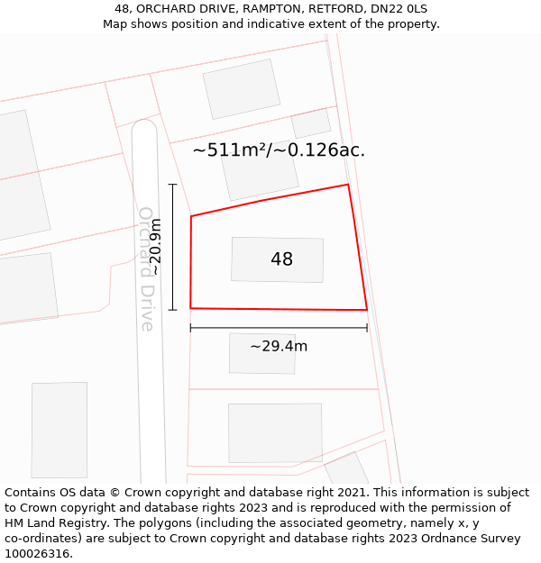 48, ORCHARD DRIVE, RAMPTON, RETFORD, DN22 0LS: Plot and title map