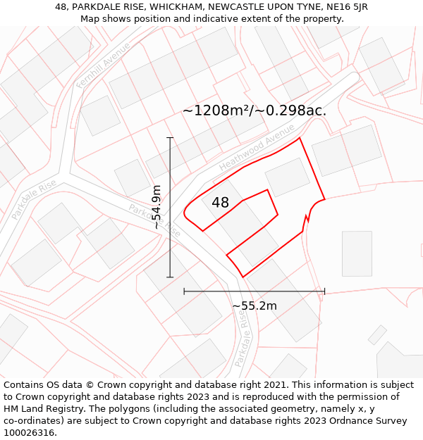 48, PARKDALE RISE, WHICKHAM, NEWCASTLE UPON TYNE, NE16 5JR: Plot and title map