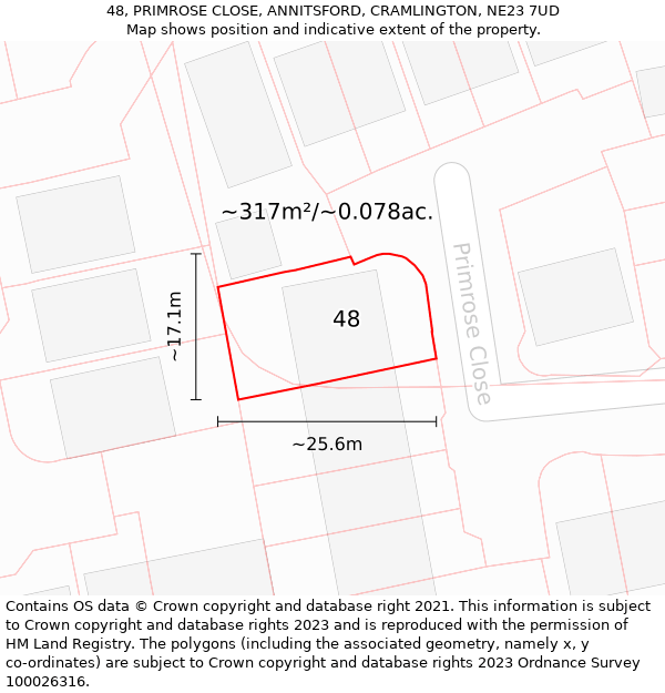 48, PRIMROSE CLOSE, ANNITSFORD, CRAMLINGTON, NE23 7UD: Plot and title map