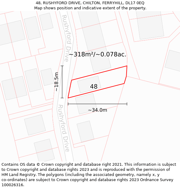 48, RUSHYFORD DRIVE, CHILTON, FERRYHILL, DL17 0EQ: Plot and title map