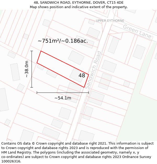 48, SANDWICH ROAD, EYTHORNE, DOVER, CT15 4DE: Plot and title map