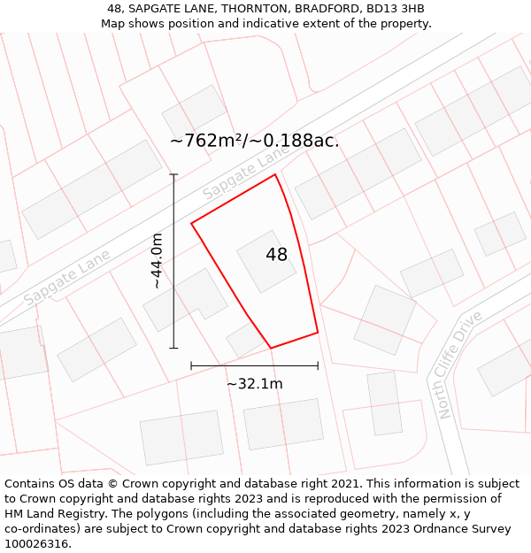 48, SAPGATE LANE, THORNTON, BRADFORD, BD13 3HB: Plot and title map