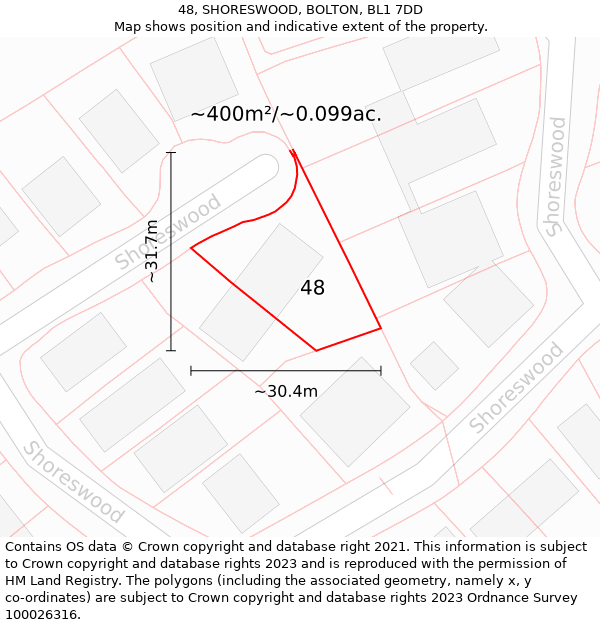 48, SHORESWOOD, BOLTON, BL1 7DD: Plot and title map