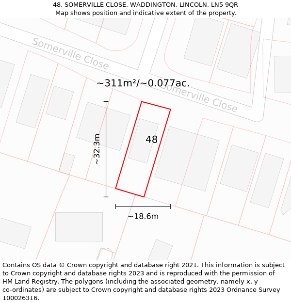 48, SOMERVILLE CLOSE, WADDINGTON, LINCOLN, LN5 9QR: Plot and title map