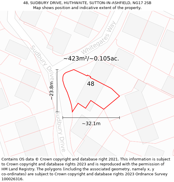 48, SUDBURY DRIVE, HUTHWAITE, SUTTON-IN-ASHFIELD, NG17 2SB: Plot and title map