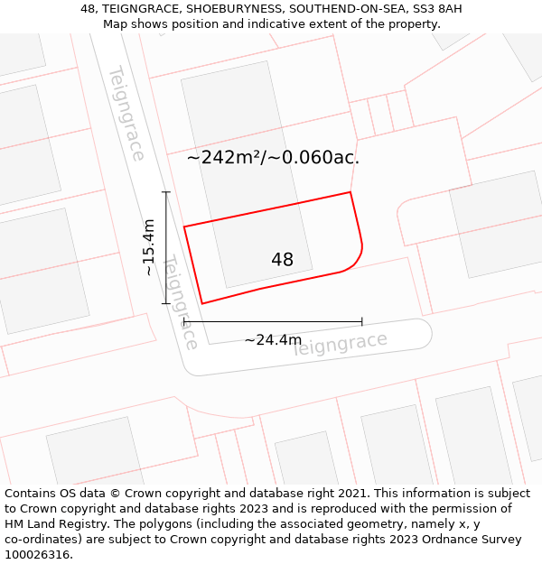 48, TEIGNGRACE, SHOEBURYNESS, SOUTHEND-ON-SEA, SS3 8AH: Plot and title map