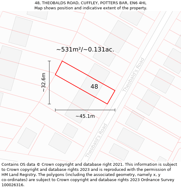 48, THEOBALDS ROAD, CUFFLEY, POTTERS BAR, EN6 4HL: Plot and title map