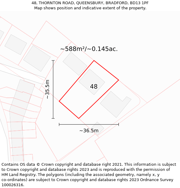 48, THORNTON ROAD, QUEENSBURY, BRADFORD, BD13 1PF: Plot and title map