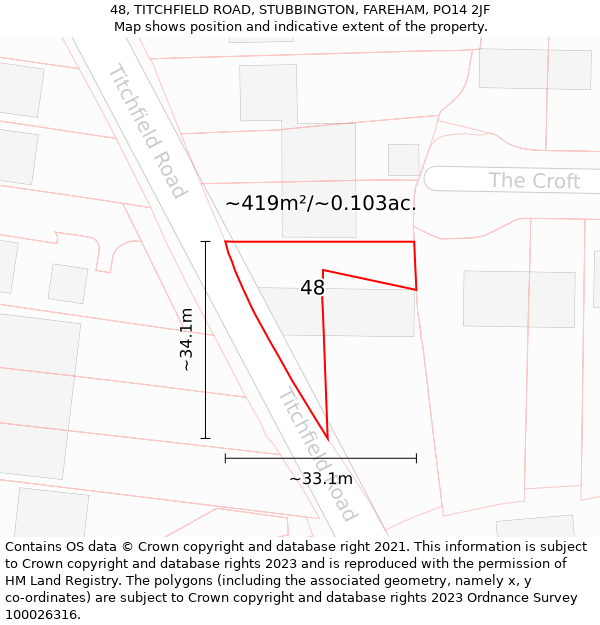 48, TITCHFIELD ROAD, STUBBINGTON, FAREHAM, PO14 2JF: Plot and title map