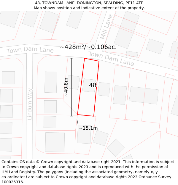 48, TOWNDAM LANE, DONINGTON, SPALDING, PE11 4TP: Plot and title map