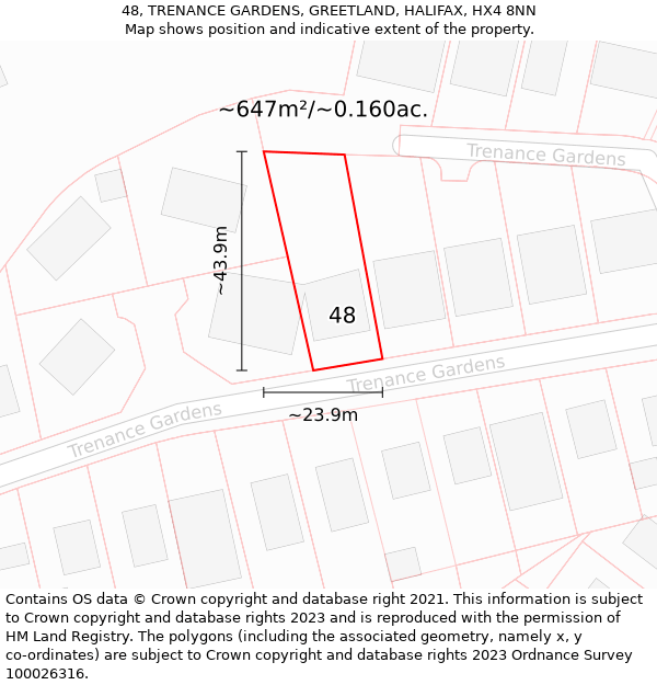 48, TRENANCE GARDENS, GREETLAND, HALIFAX, HX4 8NN: Plot and title map