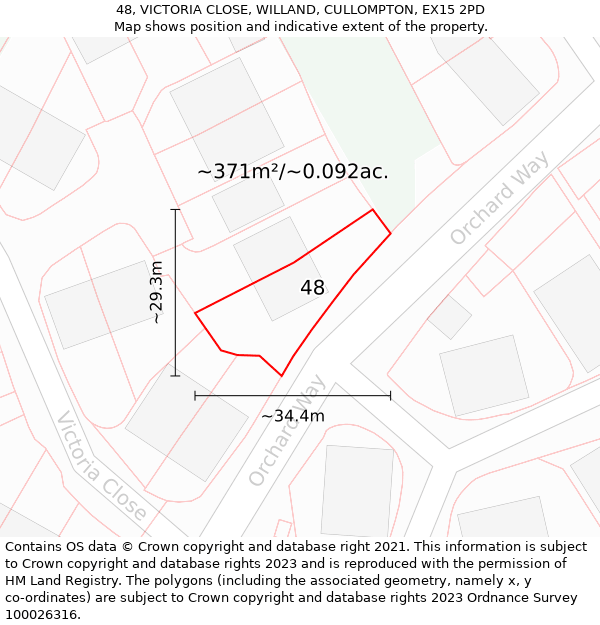 48, VICTORIA CLOSE, WILLAND, CULLOMPTON, EX15 2PD: Plot and title map