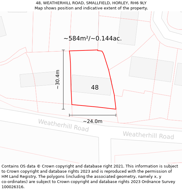 48, WEATHERHILL ROAD, SMALLFIELD, HORLEY, RH6 9LY: Plot and title map