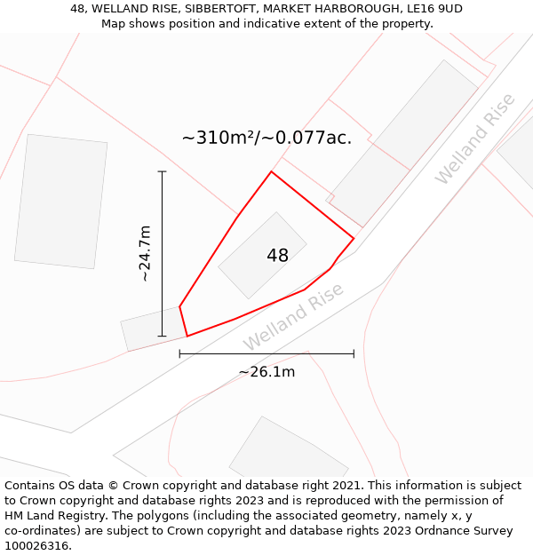 48, WELLAND RISE, SIBBERTOFT, MARKET HARBOROUGH, LE16 9UD: Plot and title map