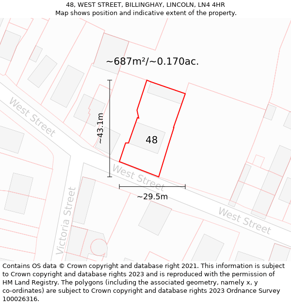 48, WEST STREET, BILLINGHAY, LINCOLN, LN4 4HR: Plot and title map