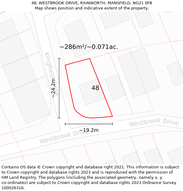 48, WESTBROOK DRIVE, RAINWORTH, MANSFIELD, NG21 0FB: Plot and title map