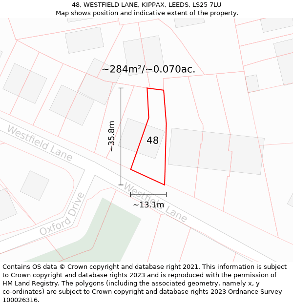 48, WESTFIELD LANE, KIPPAX, LEEDS, LS25 7LU: Plot and title map