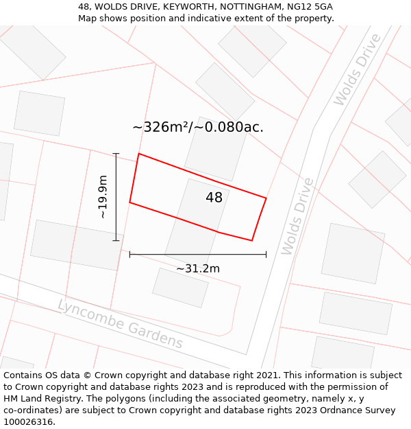 48, WOLDS DRIVE, KEYWORTH, NOTTINGHAM, NG12 5GA: Plot and title map