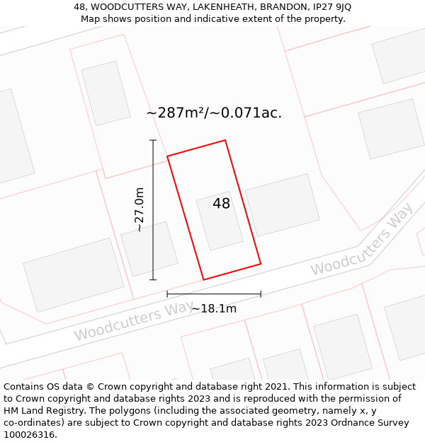 48, WOODCUTTERS WAY, LAKENHEATH, BRANDON, IP27 9JQ: Plot and title map