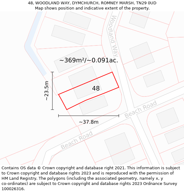 48, WOODLAND WAY, DYMCHURCH, ROMNEY MARSH, TN29 0UD: Plot and title map