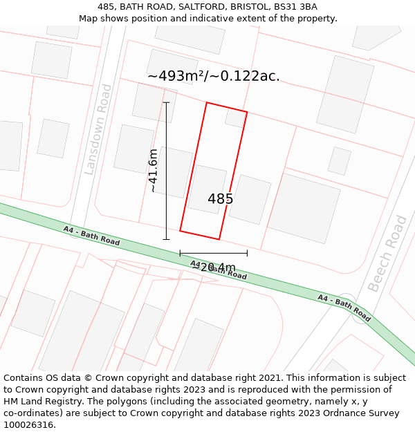 485, BATH ROAD, SALTFORD, BRISTOL, BS31 3BA: Plot and title map