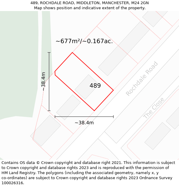 489, ROCHDALE ROAD, MIDDLETON, MANCHESTER, M24 2GN: Plot and title map