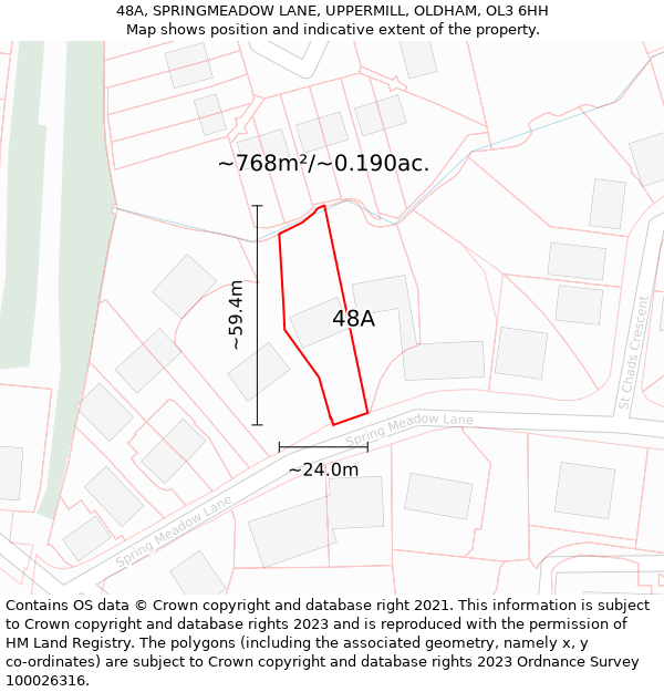 48A, SPRINGMEADOW LANE, UPPERMILL, OLDHAM, OL3 6HH: Plot and title map