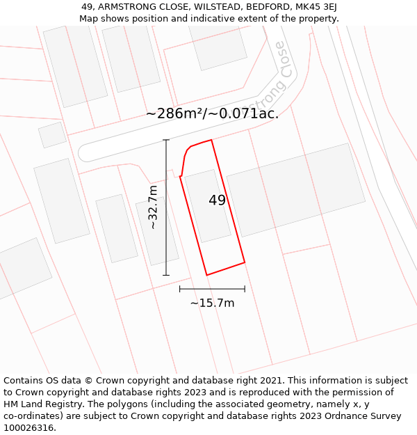 49, ARMSTRONG CLOSE, WILSTEAD, BEDFORD, MK45 3EJ: Plot and title map