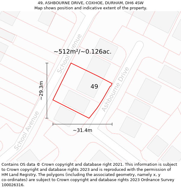 49, ASHBOURNE DRIVE, COXHOE, DURHAM, DH6 4SW: Plot and title map