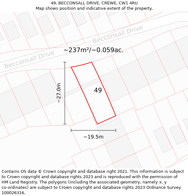 49, BECCONSALL DRIVE, CREWE, CW1 4RU: Plot and title map