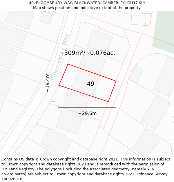 49, BLOOMSBURY WAY, BLACKWATER, CAMBERLEY, GU17 9LY: Plot and title map