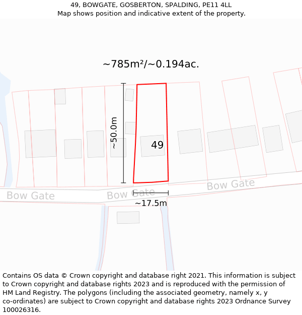 49, BOWGATE, GOSBERTON, SPALDING, PE11 4LL: Plot and title map