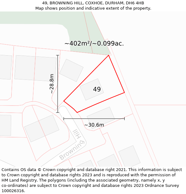 49, BROWNING HILL, COXHOE, DURHAM, DH6 4HB: Plot and title map