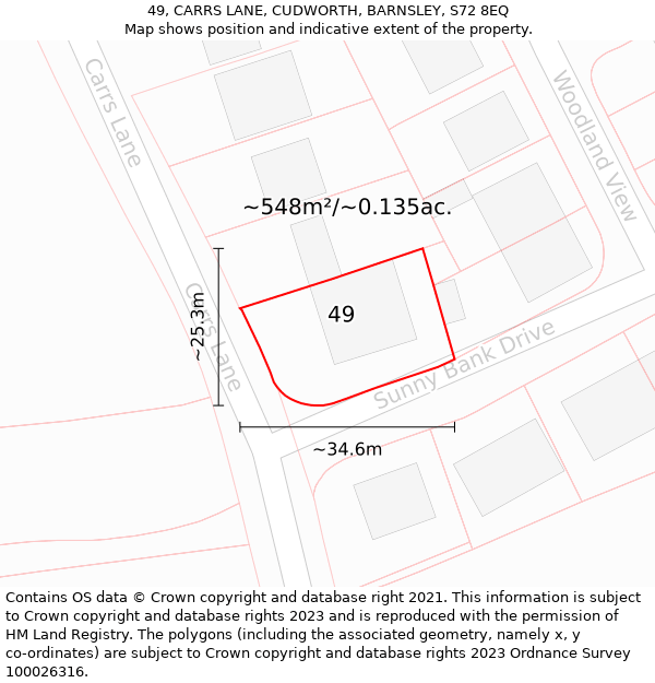 49, CARRS LANE, CUDWORTH, BARNSLEY, S72 8EQ: Plot and title map