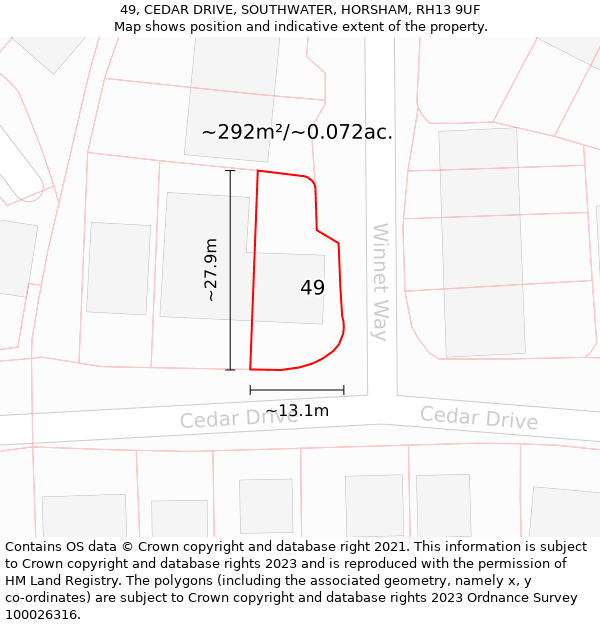 49, CEDAR DRIVE, SOUTHWATER, HORSHAM, RH13 9UF: Plot and title map