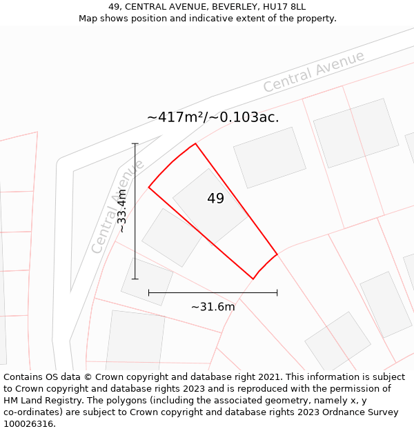 49, CENTRAL AVENUE, BEVERLEY, HU17 8LL: Plot and title map