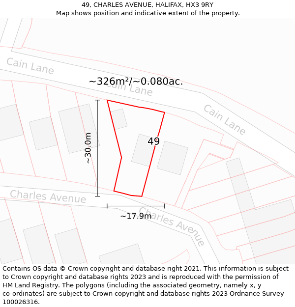 49, CHARLES AVENUE, HALIFAX, HX3 9RY: Plot and title map