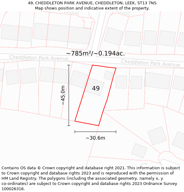 49, CHEDDLETON PARK AVENUE, CHEDDLETON, LEEK, ST13 7NS: Plot and title map